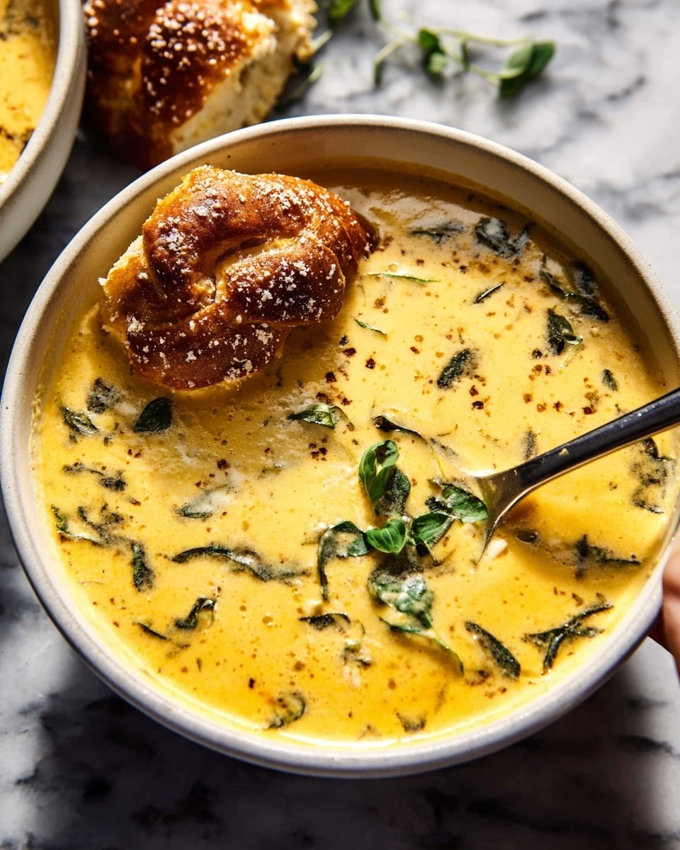 Two white bowls show creamy yellow soup with green herb leaves and small black seasoning spots on top. Each bowl has a piece of brown, soft, twisty bread dipped halfway into the soup. The bowls sit on a white marbled surface partly covered with beige and brown striped cloth. Small bits of bread and soup spills can be seen around the bowls. photo taken with an iphone --ar 4:5 --v 7