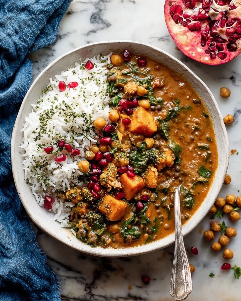 A white bowl filled with two main layers: on the left, a mound of white rice topped with green herb sprinkles and scattered red pomegranate seeds, and on the right, a thick brownish-orange lentil curry mixed with chunks of soft orange sweet potato, green leafy herbs, and crispy golden-brown chickpeas on top. A silver spoon rests inside the bowl, partially submerged in the curry on the right side. Around the bowl, there are loose chickpeas and herb bits on the white marbled surface, with a halved pomegranate showing bright red seeds in the upper right corner. A blue cloth peeks in from the left side. photo taken with an iphone --ar 4:5 --v 7