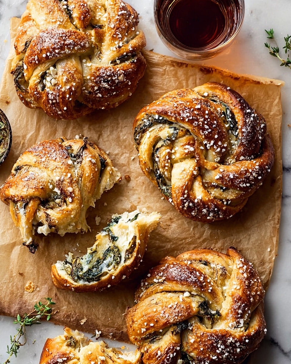 The image shows four twisted round breads with a golden brown crust sprinkled with coarse white sugar. Each bread has visible layers of soft dough and dark green spinach filling inside. One bread is torn open in the middle, showing the fluffy inside with more filling. The breads rest on brown parchment paper placed on a white marbled surface. Next to the breads is a glass of dark brown liquid. Small sprigs of green herbs are scattered around the breads and liquid. photo taken with an iphone --ar 4:5 --v 7