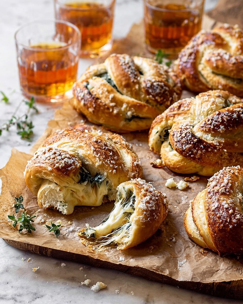 The image shows several golden brown pretzel twists on light brown parchment paper over a wooden board. Each pretzel has a thick, shiny crust with coarse salt sprinkled on top. The inside looks soft and slightly creamy with some green herb bits visible. One pretzel is partially broken apart, showing a soft, fluffy inside with melted cheese. To the left, there is a glass with amber liquid. Small green herb sprigs are scattered around the pretzels. The background is a white marbled texture. Photo taken with an iphone --ar 4:5 --v 7