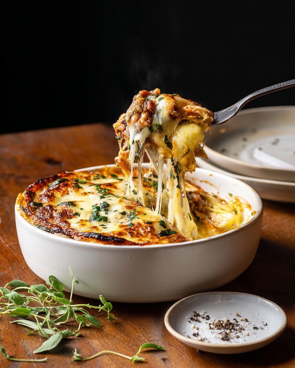 The image shows three halves of baked spaghetti squash served on white round plates. Each squash half is filled with creamy, melted cheese that is golden brown and slightly crisp on top, interspersed with herbs like sage and thyme leaves. One of the squash halves has visible ground meat mixed with the cooked spaghetti squash strands, adding a textured brown topping. The plates are placed on a wooden surface with small bowls of herbs and a fork nearby, but the surface should be imagined as white marbled. The overall look is warm, rustic, and inviting with a mix of golden yellows, browns, and green herbs. photo taken with an iphone --ar 4:5 --v 7