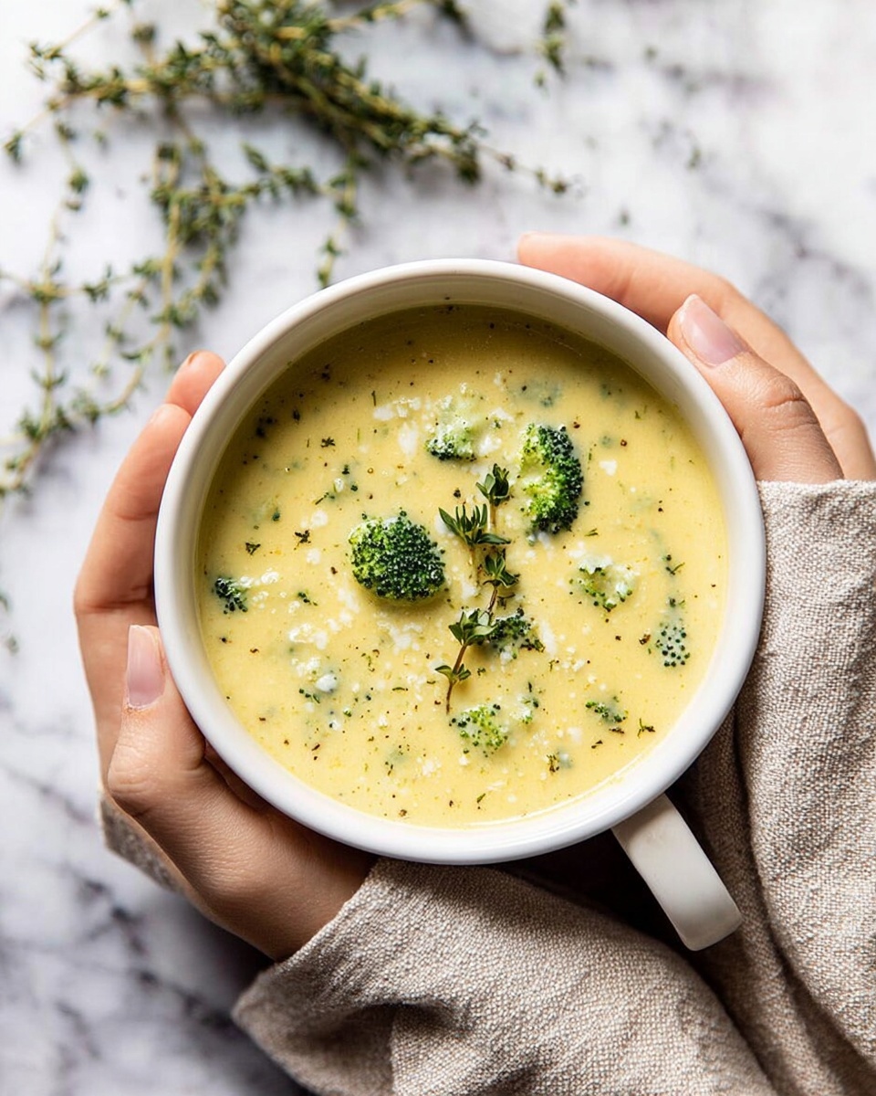Three white bowls are filled with creamy, light yellow soup that has small pieces of green broccoli floating on top. Each bowl is garnished with small green herb leaves, giving a fresh look. The soup is smooth with some visible texture from the broccoli. The bowls sit on a worn white wooden surface along with two old silver spoons and a soft gray cloth. The background has a white marbled texture with a sprig of fresh green herbs nearby. photo taken with an iphone --ar 4:5 --v 7