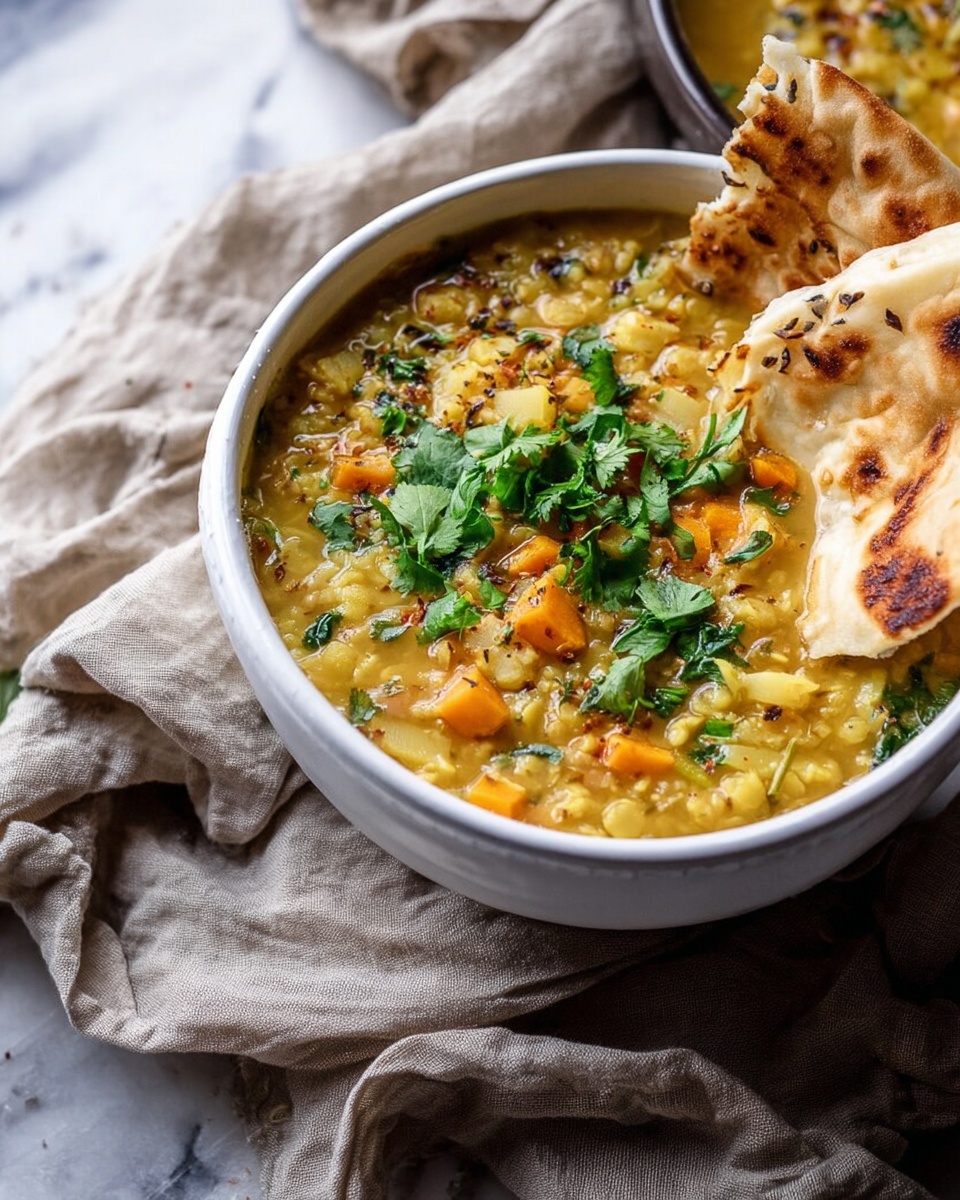 A white bowl filled with thick yellow lentil soup containing visible pieces of orange sweet potato cubes, rice grains, and green herbs. Two folded naan breads with dark toasted spots lean inside the bowl on the left side. The soup is garnished with fresh green coriander leaves placed in the center. A woman's hands wearing a white knitted sweater hold the bowl from both sides, resting on a crumpled light beige linen cloth on a white marbled surface. Photo taken with an iphone --ar 4:5 --v 7