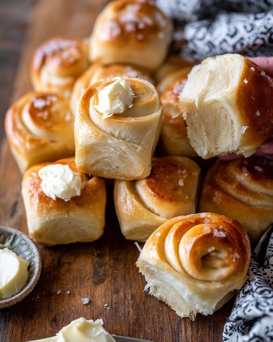 The image shows soft golden brown rolls arranged close together on a wooden surface. Each roll is shaped like a small rectangle with smooth, shiny tops sprinkled lightly with coarse salt. Two rolls have a dollop of creamy white butter on top, creating a soft swirl texture. One roll is partially torn, revealing fluffy and airy layers inside. The surface beneath is a rustic wood texture that contrasts with the warm tone of the rolls. photo taken with an iphone --ar 4:5 --v 7