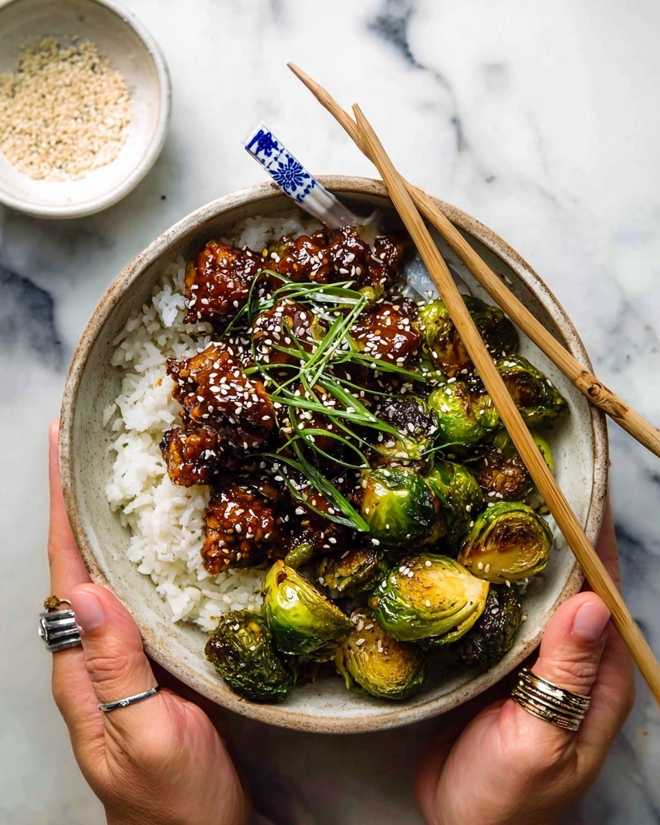A white bowl filled with three layers: the bottom layer is plain white rice, soft and fluffy with visible separate grains; the middle layer has roasted Brussels sprouts, some halved showing a light brown caramelized texture, others whole with a dark green color; the top layer has dark brown, glossy chicken pieces coated in a sticky sauce, sprinkled with white sesame seeds and garnished with thin green onion strips carefully placed on top; the bowl is set on a white marbled surface. Photo taken with an iphone --ar 4:5 --v 7
