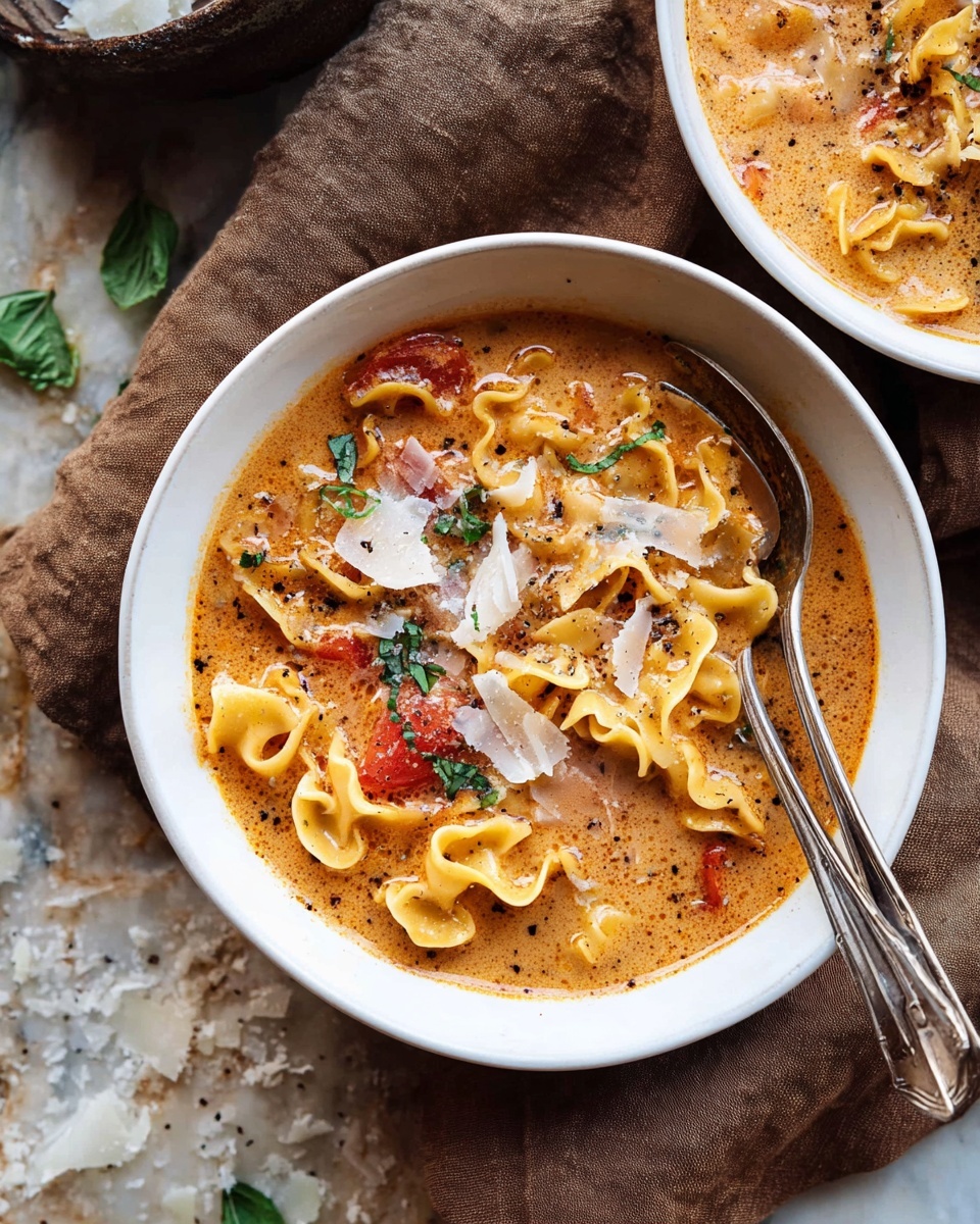 A white bowl filled with creamy orange soup with specks of black pepper and herbs, containing wide, curly-edged pasta layers with visible ridges. The pasta swirls and twists through the soup, with small chunks of red tomatoes mixed in. The top layer of the soup is sprinkled with white shaved cheese pieces and small green herb leaves. Two silver forks rest in the bowl on the right side. The bowl sits on a brown cloth and a white marbled surface with some scattered cheese flakes around it. Photo taken with an iphone --ar 4:5 --v 7