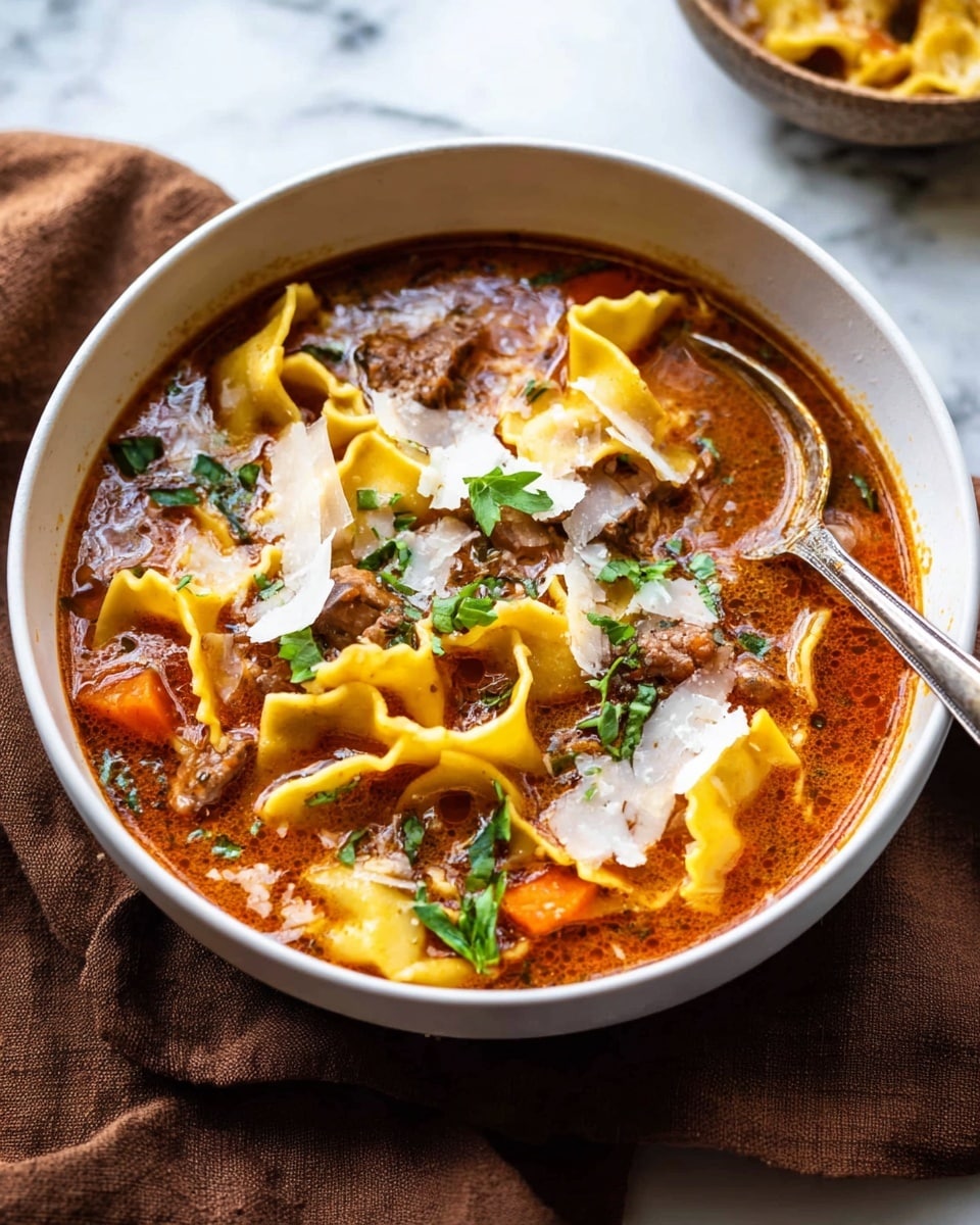A close-up view of a thick soup or stew in a large black pot, with several wide, ruffled yellow pasta strips floating on top. The soup is orange-brown with visible pieces of cooked ground meat and small chunks of red tomato scattered throughout. A wooden spoon is partially submerged in the soup on the right side. The surface around the pot is a white marbled texture. photo taken with an iphone --ar 4:5 --v 7