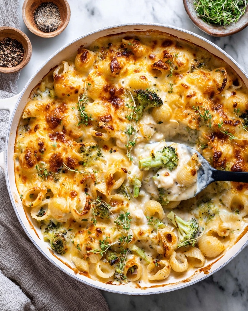 The dish shows a creamy light beige sauce as the base layer, filling a white enamel pan with a dark rim. Within the sauce, large bright green broccoli florets with visible stems spread evenly across the pan, mixed with small chunks of light tan meat scattered throughout. There are also few slices of orange carrot pieces adding more color. The texture of the sauce looks smooth and thick, surrounding the chunky vegetables and meat. The background surface seen is a white marbled texture. photo taken with an iphone --ar 4:5 --v 7