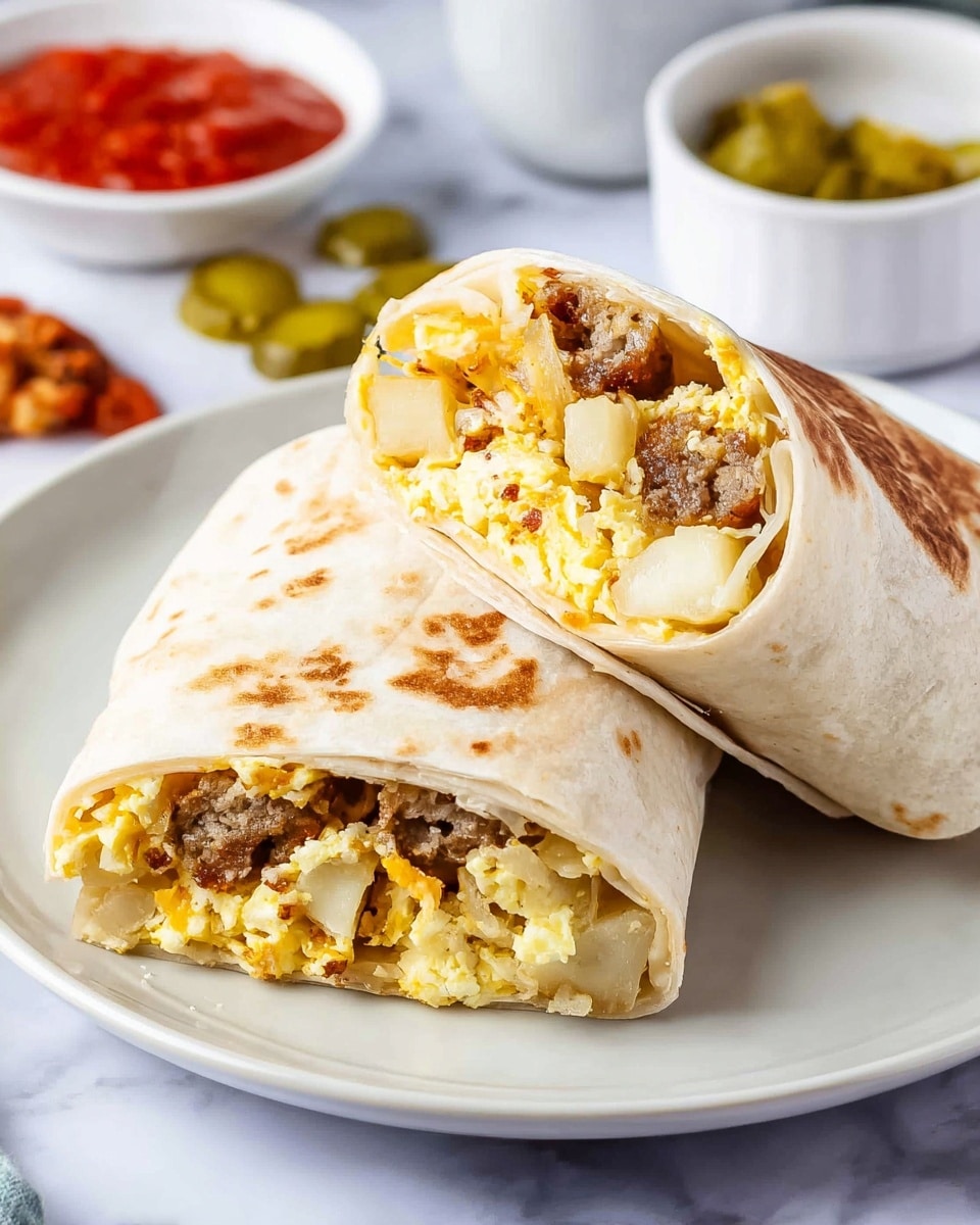Two soft, light yellow tortillas are placed on a white plate on a white marbled surface. One wrap is whole and lies flat, while the other is cut in half and stacked, showing the filling. Inside the wrap, there are layers of light, fluffy scrambled eggs mixed with white potato pieces, brown cooked sausage, and some crispy, browned edges of the tortilla. In the background, there are two small white bowls, one with bright red salsa and the other with green pickles. The photo taken with an iphone --ar 4:5 --v 7