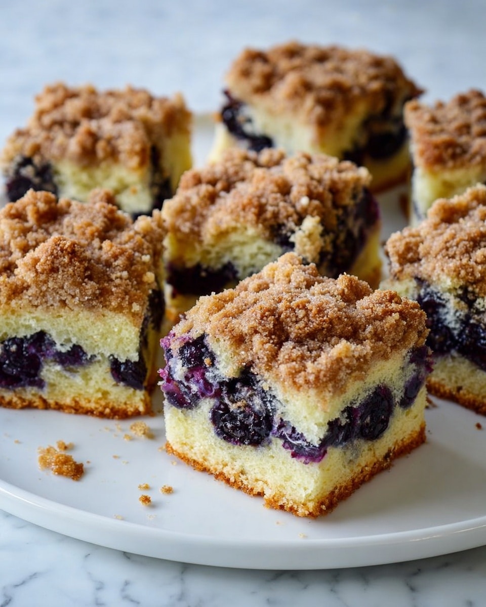The image shows a rectangular baked dessert in a metal tray on a white marbled surface. The dessert has two visible layers: the bottom layer is a deep purple-blue color indicating a berry filling, mostly hidden underneath. The top layer is a thick, uneven crumbly golden-brown crust with some small clusters and scattered pieces of crisp topping. The edges of the dessert are slightly darker and more toasted. The overall look is rustic and textured, with the crumbly top covering all the berry filling below. photo taken with an iphone --ar 4:5 --v 7