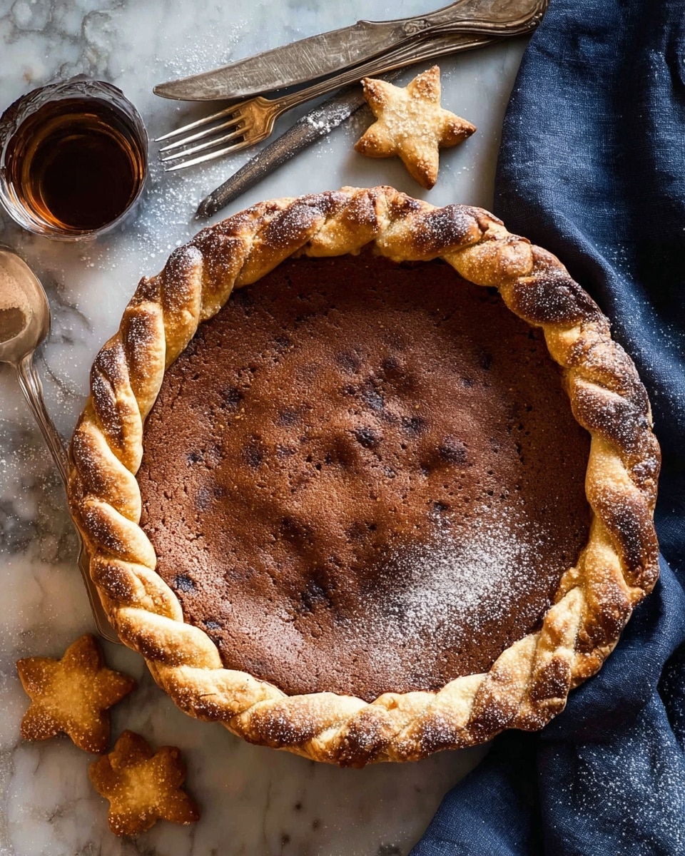 A slice of dark chocolate pie with a thick cracked top layer sits on a white plate with a gold fork beside it; the pie has a golden-brown braided crust that looks sugar-coated and textured. The slice has a dollop of white whipped cream on top, making a soft contrast to the dense, rich chocolate inside. In the background, the rest of the pie rests in a dark pie tin on a white marbled surface, with some small star-shaped golden-brown cookies sprinkled with sugar nearby. The overall look is warm and inviting, with the rich chocolate and golden crust drawing attention. Photo taken with an iphone --ar 4:5 --v 7