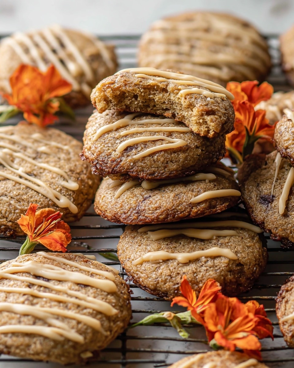 A group of round, soft-looking cookies with a light golden brown color and slightly darker edges are piled closely together on a metal cooling rack. The cookies have visible dark spots that are likely bits of nuts or chocolate, giving them texture. The surface of the cookies shows slight cracks and ripples, indicating a chewy soft center. At the lower left corner, there is a small bunch of bright orange flowers with green stems placed on the rack. The background is a white marbled texture. photo taken with an iphone --ar 4:5 --v 7