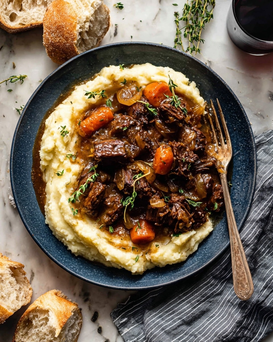A deep blue plate holds a base layer of creamy, pale mashed potatoes with a smooth texture covering the whole plate bottom. On top, there is a heap of dark brown slow-cooked beef pieces mixed with caramelized onions and chunks of cooked orange carrots, all coated in a rich, glossy brown gravy. Small green sprigs of thyme are scattered on the meat and potatoes. A vintage silver fork rests on the right side of the plate, partly on a gray and blue striped cloth napkin. The plate is placed on a white marbled surface with torn pieces of rustic bread and green herb sprigs nearby. Photo taken with an iphone --ar 4:5 --v 7