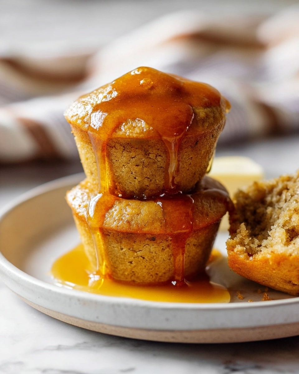 Two light brown muffins stacked on a white plate with golden syrup dripping down from the top muffin, pooling around the base. The muffins have a soft and slightly uneven texture with a shiny syrup coating. To the right, part of another muffin with a crumbly inside is visible. The plate sits on a white marbled surface with a blurred background and a striped cloth partially visible in the foreground. photo taken with an iphone --ar 4:5 --v 7