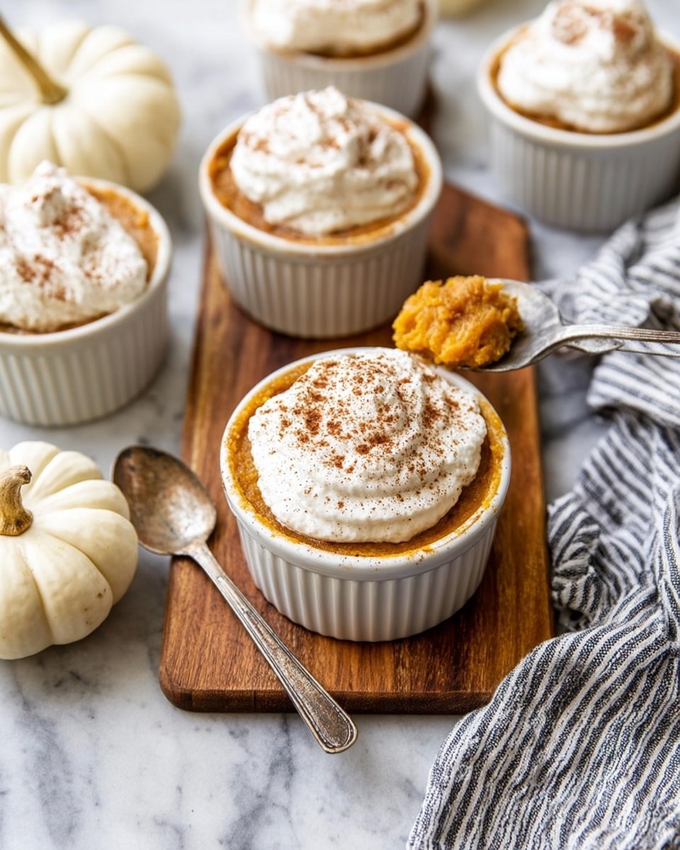 The image shows several small white ramekins filled with pumpkin dessert, each topped with a thick, white whipped cream layer sprinkled with brown cinnamon powder. The pumpkin layer is bright orange with a smooth texture under the whipped cream. One ramekin has a spoon partly inside, resting on a wooden cutting board placed on a white marbled surface. Around the board, there are small white pumpkins and a striped cloth. The overall setting has a cozy, autumn feel. photo taken with an iphone --ar 4:5 --v 7