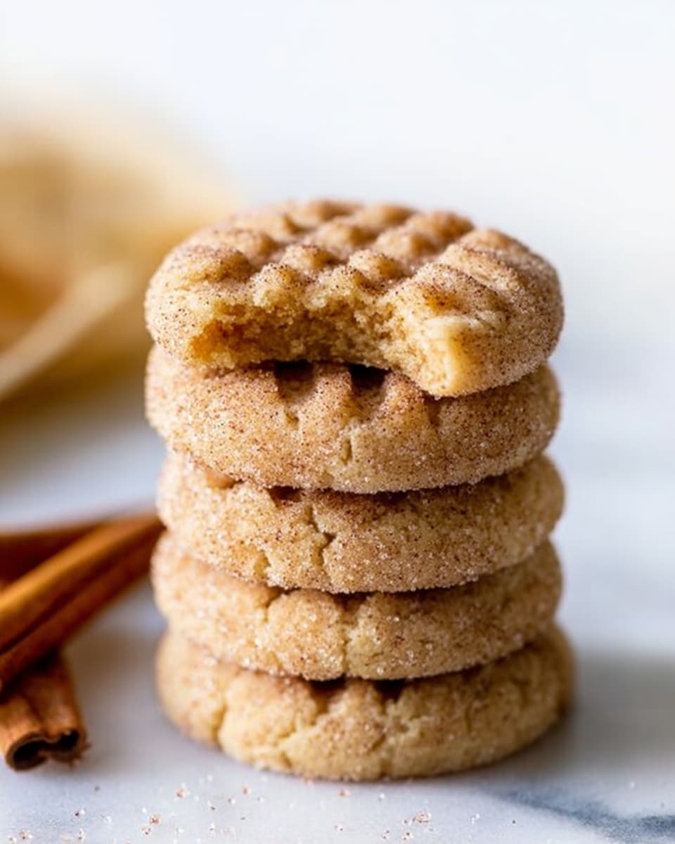 The image shows several round, light brown cookies with a sugar and cinnamon coating, arranged on a white marbled surface. One cookie in the front has a bite taken out, revealing a soft, slightly crumbly inside. The cookies have a subtle criss-cross pattern pressed on top, adding texture. There are some scattered cinnamon powder specks near the cookies and two cinnamon sticks are placed on the lower right corner of the image, creating a warm, cozy feeling. The overall tone is soft and natural with a close-up view. Photo taken with an iphone --ar 4:5 --v 7