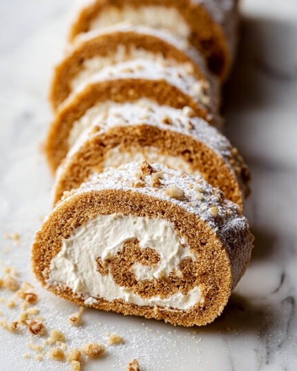 The image shows a close-up of several sliced pieces of a rolled cake with two main layers. The outer layer is light brown with a soft, crumbly texture, and it wraps around the inner layer, which is creamy white and smooth. The top of each slice is dusted with a light sprinkling of white powdered sugar. Some small pieces of crushed nuts are scattered near the bottom edge on a white marbled surface with visible texture. The slices are lined up, one behind the other, creating a sense of depth. Photo taken with an iphone --ar 4:5 --v 7