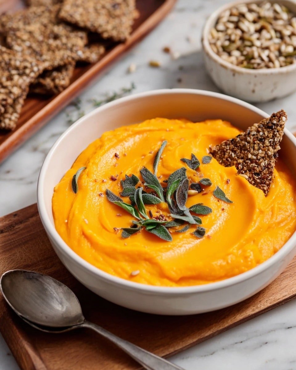 A white bowl filled with a smooth, bright orange puree, swirled gently on top with some dark green herb leaves scattered in the center. A triangular seed and grain cracker is placed on the edge of the bowl, partially dipped into the puree. Next to the bowl is a silver spoon on a wooden surface, and in the background, more seed crackers are visible on a wooden tray, along with a white bowl filled with small toasted seeds on a white marbled texture. photo taken with an iphone --ar 4:5 --v 7
