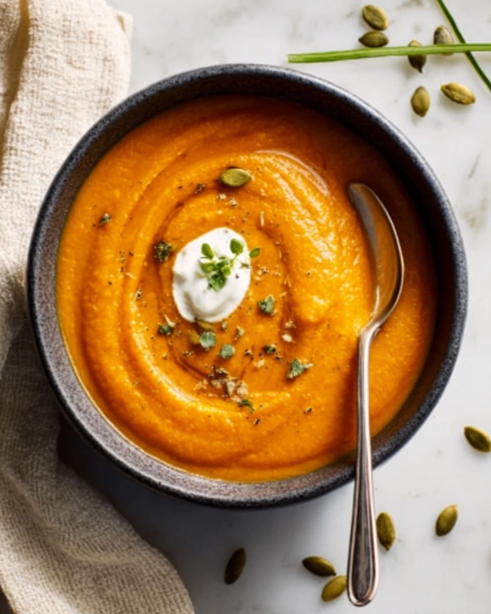 A dark gray bowl filled with a thick orange puree, likely a soup or mashed vegetable, occupies the center of the image. On top of the orange puree, there is a swirl of white cream placed slightly off-center, garnished with green herbs and scattered pumpkin seeds. A silver spoon is resting inside the bowl, leaning on the rim. The bowl is set on a light beige wooden surface with a white linen cloth to the left, and behind the bowl, a container of organic Greek yogurt with its lid off is positioned. The background features a white marbled texture. photo taken with an iphone --ar 4:5 --v 7