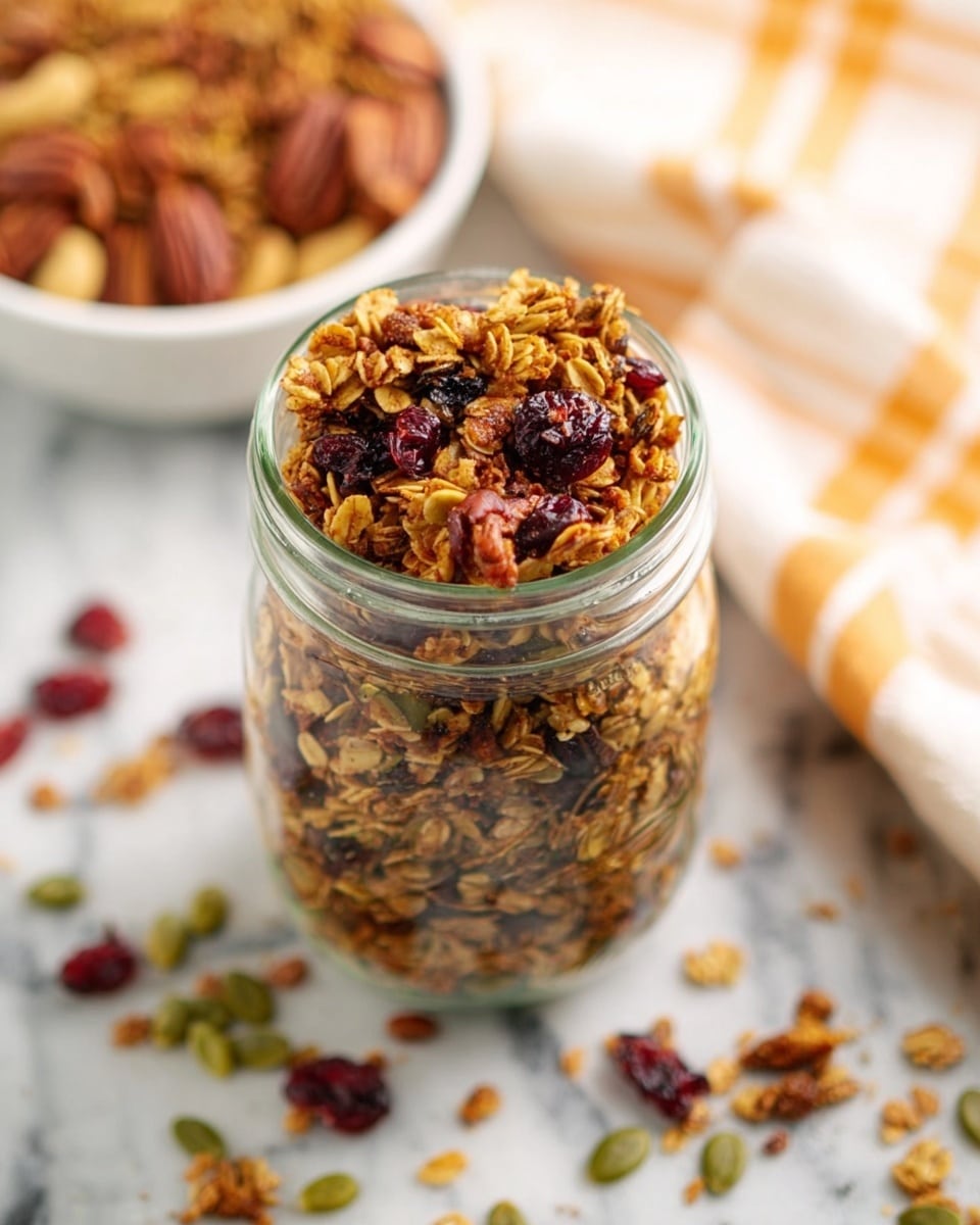 A single thick layer of golden-brown granola spread evenly on a silver baking tray lined with paper, showing a mix of oats, small green pumpkin seeds, and scattered dark red dried cranberries, giving a crunchy and textured look. The tray is placed on a white marbled surface with some loose pumpkin seeds and cranberries scattered nearby. Part of a white cloth with orange and yellow stripes is gently draped in the background, along with a round white bowl filled with pecans visible at the top. Photo taken with an iphone --ar 4:5 --v 7