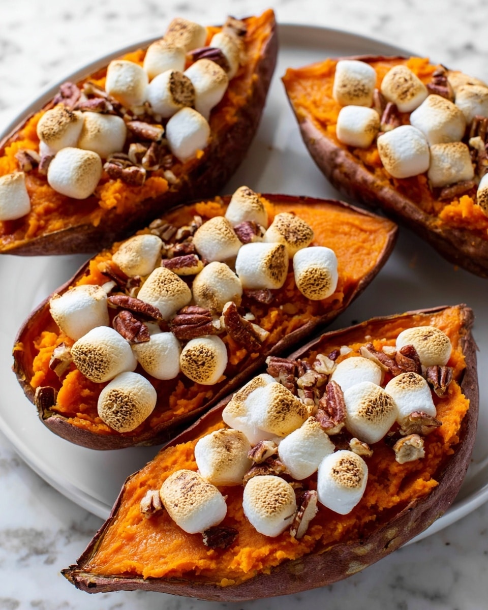 The image shows eight sweet potato halves on a baking tray lined with parchment paper. Each sweet potato half has three visible layers: the bright orange soft sweet potato base, a topping of small white marshmallows that are lightly toasted on top with some golden brown spots, and scattered chopped pecans that add texture and light brown color. The tray is metal with signs of use, and the background underneath the tray has a white marbled texture. photo taken with an iphone --ar 4:5 --v 7