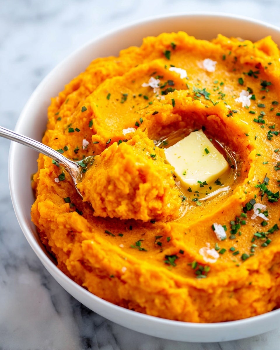 A white bowl filled with bright orange mashed sweet potatoes, with a smooth, slightly chunky texture and a small well in the center holding a melting pat of pale yellow butter. Small green herb pieces are sprinkled on top and around, with some visible salt flakes. A spoon lifts a portion of the mash, showing its soft, creamy consistency. The bowl sits on a white marbled surface. photo taken with an iphone --ar 4:5 --v 7