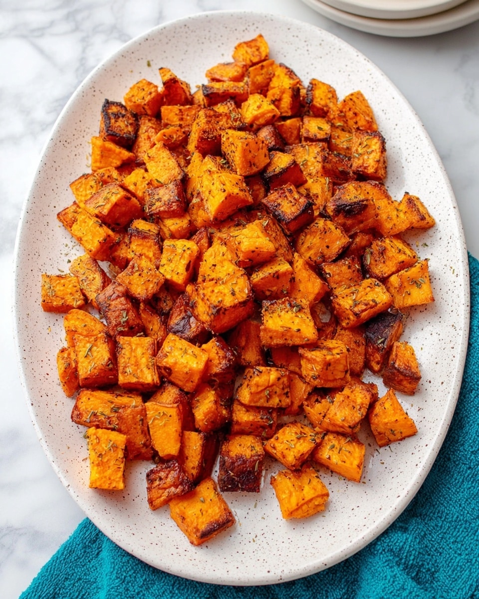 The image shows a white shallow plate filled with large chunks of roasted sweet potatoes. The sweet potato pieces are golden brown with some darker caramelized edges and a soft, slightly textured surface. The pieces are piled high, overlapping each other in the center of the plate. On the right side of the plate, there is a golden spoon resting partially under the sweet potatoes. The plate is placed on a white marbled surface. Photo taken with an iphone --ar 4:5 --v 7