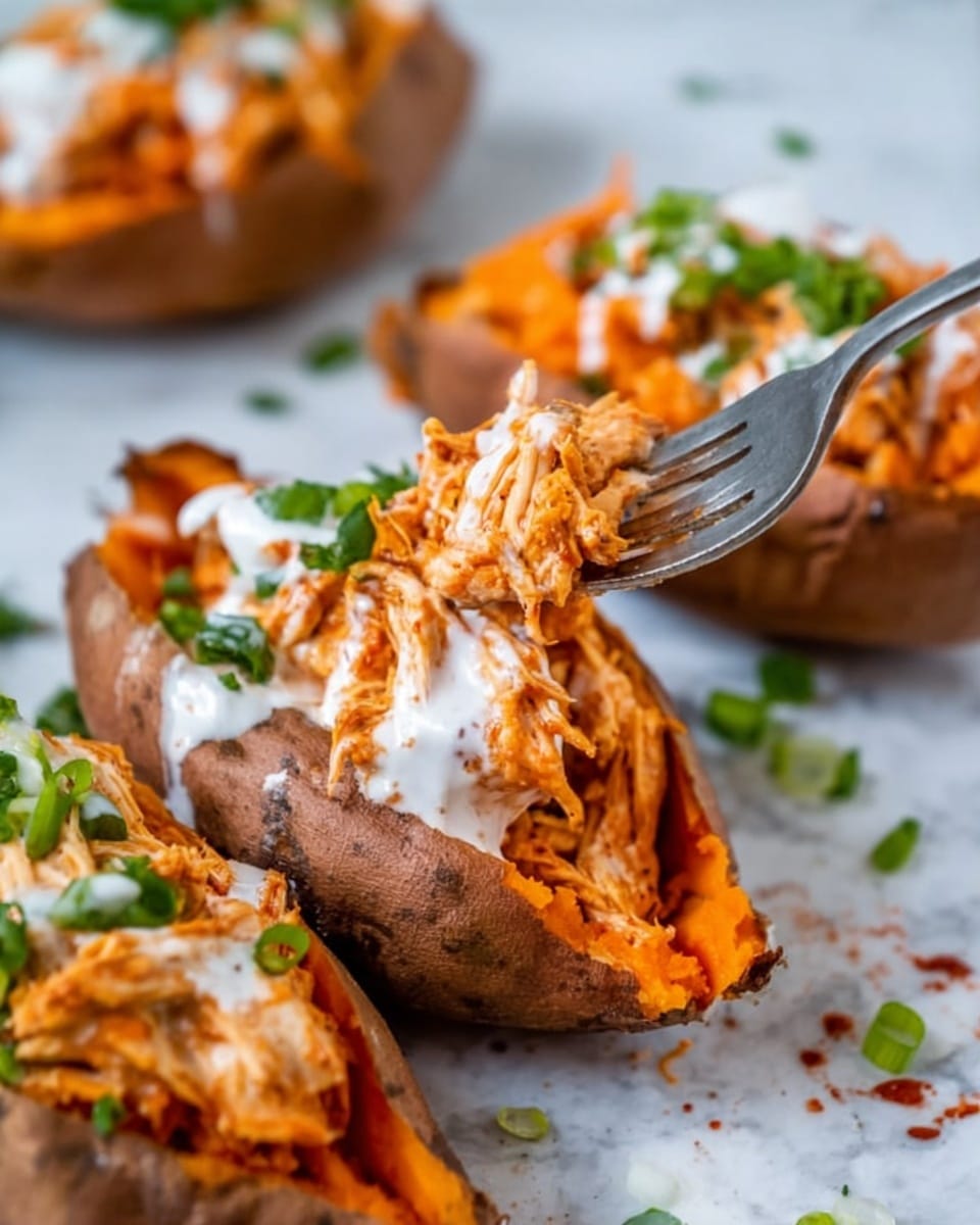 The image shows a close-up of three stuffed sweet potatoes on a white marbled surface. Each sweet potato is sliced open lengthwise, revealing bright orange soft flesh inside. The first layer is the sweet potato skin, which is a dark brown color and slightly wrinkled. The second layer inside is shredded chicken mixed with a reddish-orange sauce, giving it a slightly wet and textured look. On top, there is a creamy white sauce drizzled unevenly with small green herbs for garnish. In the center, a fork is piercing the filling of one sweet potato, lifting a mix of chicken, sauce, and white creamy sauce. Some sauce drips and scattered green onion pieces surround the potatoes, adding color and texture contrasts. Photo taken with an iphone --ar 4:5 --v 7