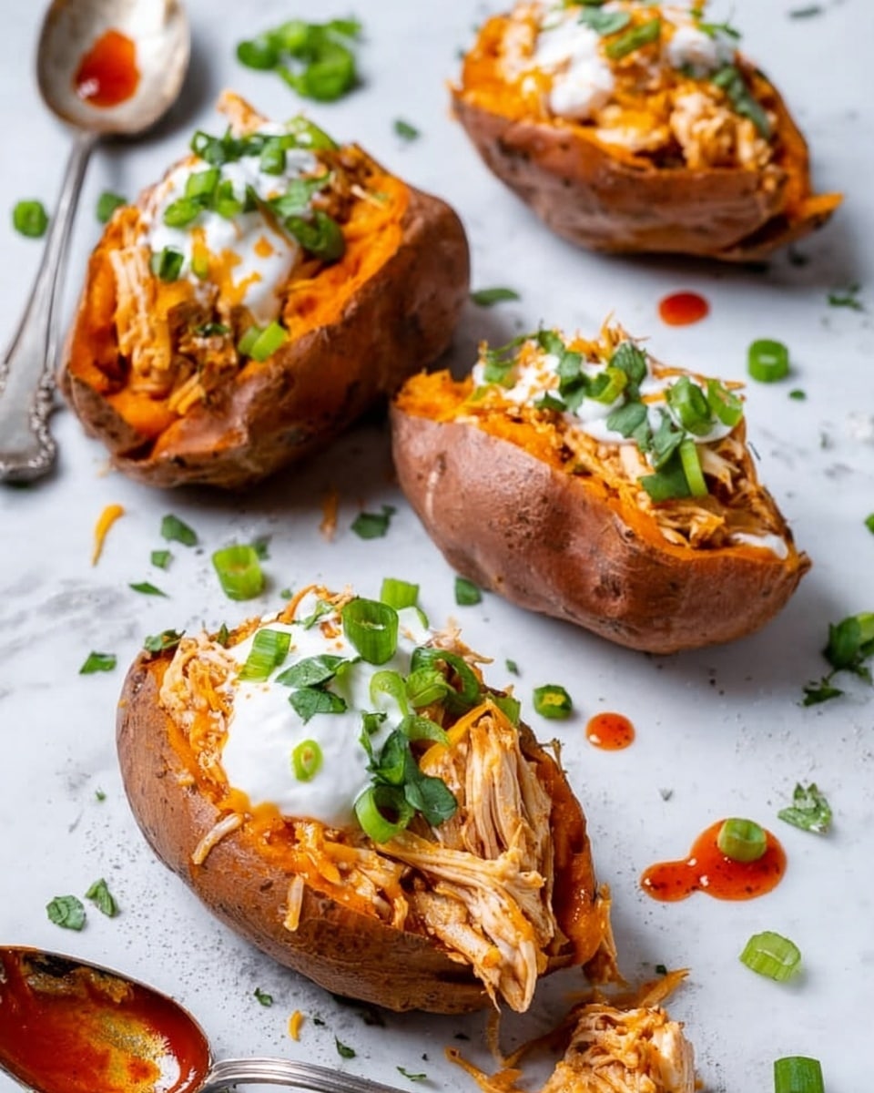 Four baked sweet potato halves with soft, orange flesh, each filled with shredded orange chicken and topped with melted yellow cheddar cheese. On top of the cheese are small dollops of white sour cream sprinkled with green sliced scallions and bright green chopped herbs. The sweet potatoes rest on a white marbled surface, with some scattered green scallions and herbs around. A silver spoon with orange hot sauce lies beside the potatoes with some sauce spilled on the surface. The scene is brightly lit and clear. photo taken with an iphone --ar 4:5 --v 7