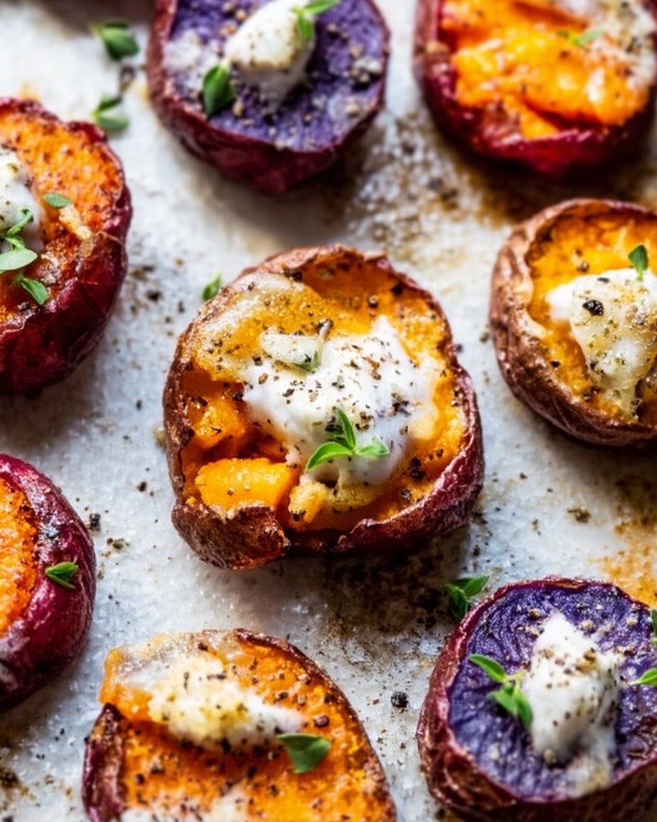 A white plate holds about fifteen round potato slices with rough brown skins, each mashed and formed back onto the skins. The potato layers show two main colors: bright orange and deep purple, some slices having orange mash while others have purple mash. A few potato slices are topped with small dollops of white creamy sauce, sprinkled with black pepper and tiny green herb sprigs. The plate sits on a white marbled surface with a bowl of white sauce and a spoon blurred in the background. photo taken with an iphone --ar 4:5 --v 7