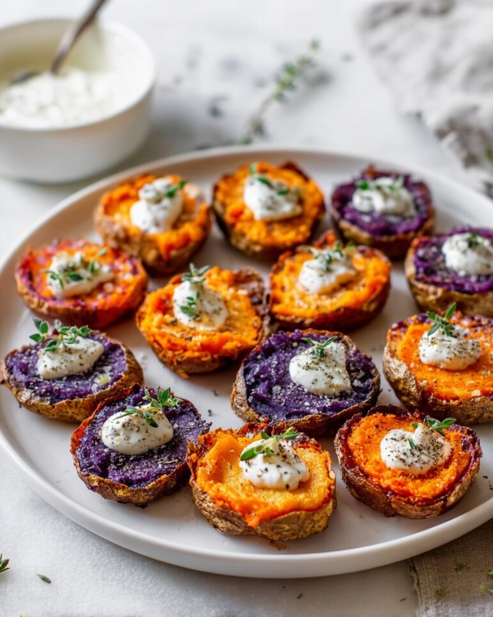The image shows a tray filled with small roasted potato halves, arranged closely together. Each potato half has two layers: the bottom is the reddish potato skin, and the top is smooth mashed sweet potato or mashed purple potato. The orange mashed sweet potatoes are topped with small sprinkles of melted cheese and a dollop of white cream in some. The purple mashed potatoes have fine herbs on top and some dollops of white cream as well. The white marbled textured background is slightly visible between the closely placed potatoes, and small bits of seasoning are scattered around. photo taken with an iphone --ar 4:5 --v 7