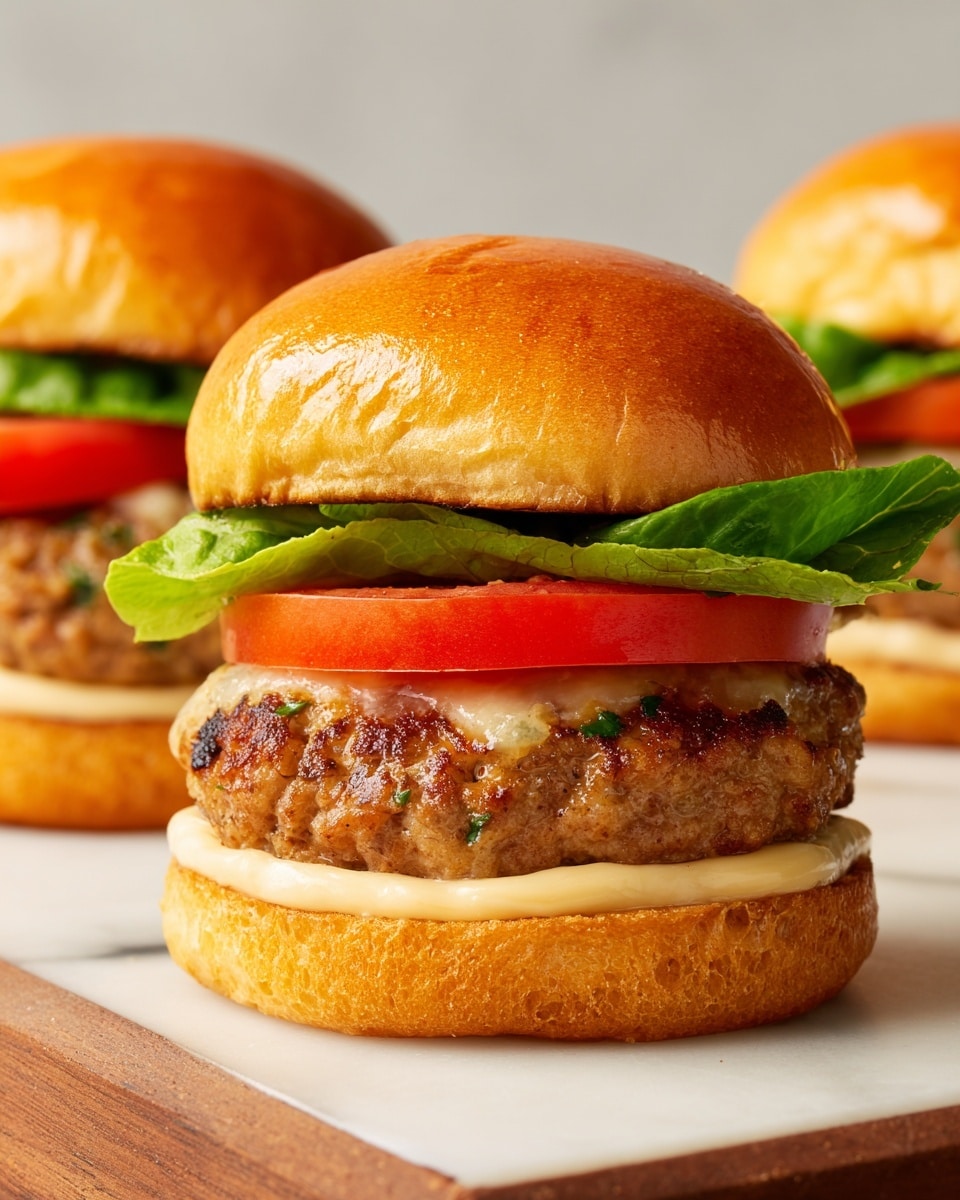 A close-up of a sandwich with three layers on a white marbled surface; the bottom layer is a toasted golden bun with a smooth spread of light creamy sauce, the middle layer is a browned meat patty with bits of green herbs, and the top layers are a thick slice of red tomato and a fresh crisp green lettuce leaf, all enclosed by a soft golden brown bun top, with another similar sandwich blurred in the background, photo taken with an iphone --ar 4:5 --v 7