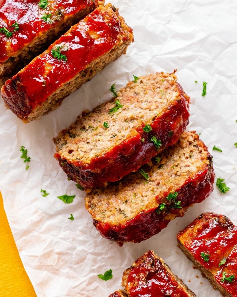 This image shows several slices of meatloaf arranged on crumpled white parchment paper, placed on a white marbled surface. There are multiple individual mini meatloaf portions, each covered with a shiny, reddish glaze on top, with a slightly browned, textured crust. The inside of the meatloaf looks light brown and dense. Some mini loaves are whole, while others are sliced into three to four thick pieces. Small green parsley flakes are scattered on and around the meatloaf for garnish. photo taken with an iphone --ar 4:5 --v 7