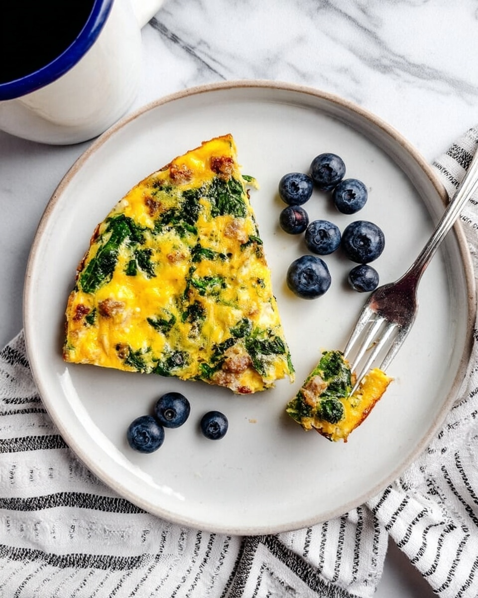 A white plate holds a slice of yellow egg frittata mixed with green spinach and small chunks of light brown sausage, giving it a colorful, textured look. The slice is about one-sixth of the whole, and on the plate near it are several plump, fresh blueberries, dark blue in color. A fork with a silver handle rests on the right side of the plate, holding a small bite-sized piece of the frittata. The plate is placed over a white marbled surface with a striped white and black cloth next to it, and a white mug with a blue rim partially visible at the top left corner. Photo taken with an iphone --ar 4:5 --v 7