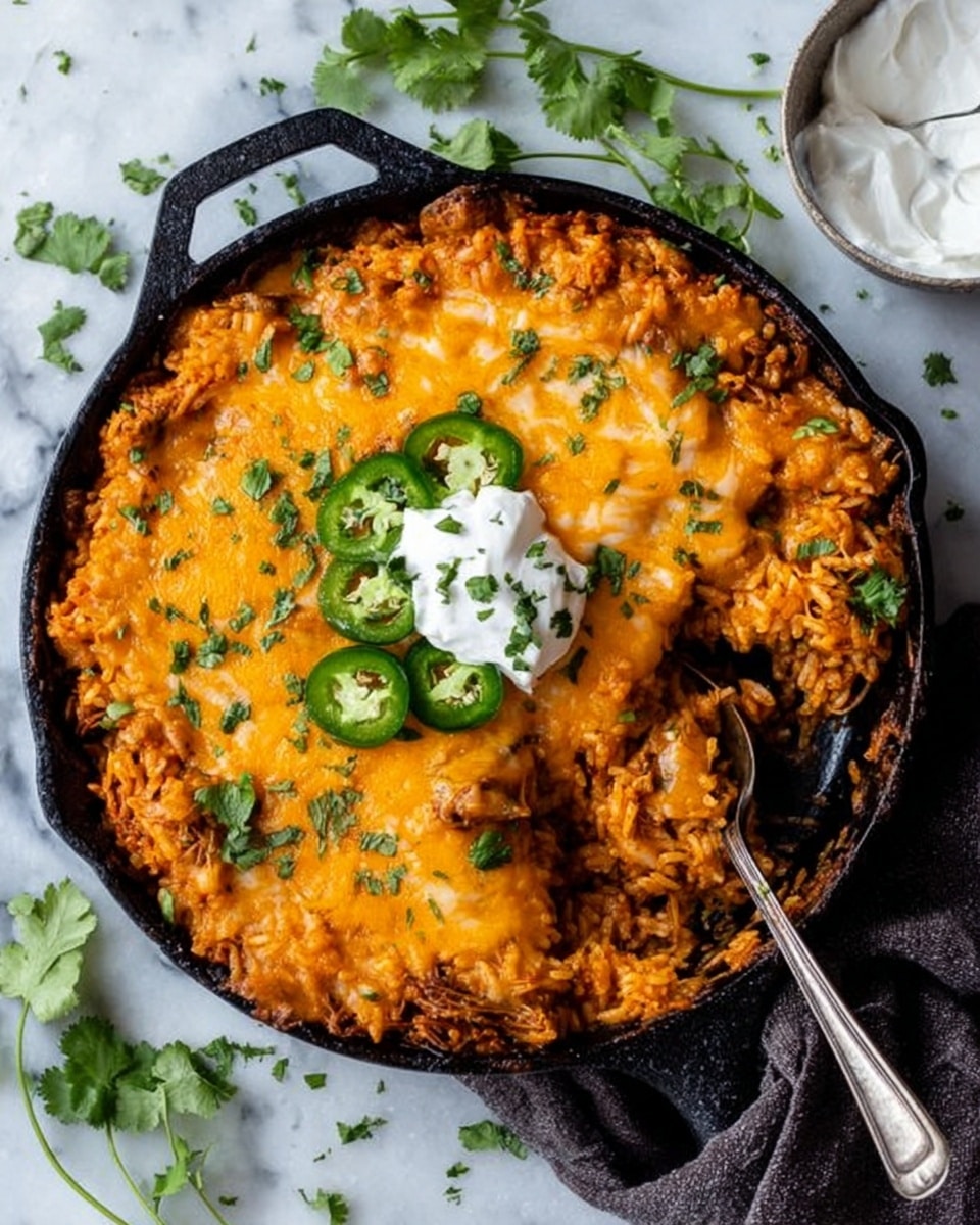 The image shows a black cast iron skillet filled with a layered cheesy dish. The bottom layer has a thick red sauce mixed with shredded meat. On top of this is a layer of melted, gooey orange-yellow cheese that covers the dish completely. Garnishing the top are slices of fresh green jalapeños and small sprinkles of chopped cilantro. A spoon lifts a thick, stringy portion of the dish, showing the melted cheese stretching and the textured meat and sauce mix. The skillet rests on a white marbled surface with some cilantro leaves nearby. Photo taken with an iphone --ar 4:5 --v 7