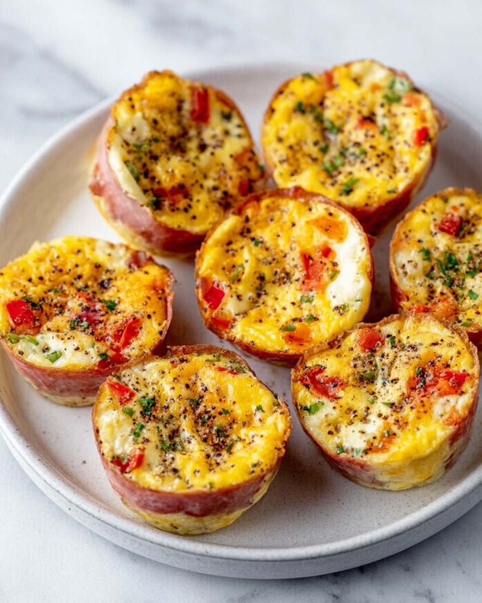 The image shows seven bite-sized egg muffins on a white plate with a light gray rim, placed on a white marbled surface. Each muffin has a round shape with a base layer of slightly browned ham wrapping around the edges. Inside, there is a bright yellow egg layer mixed with small bits of red bell pepper and green herbs. The tops of the muffins are speckled with black pepper, giving a textured look. The egg mixture looks firm but soft, with visible chunks of vegetables and herbs evenly spread throughout. The muffins are arranged loosely in a casual cluster, showing their uniform size and colorful ingredients. photo taken with an iphone --ar 4:5 --v 7