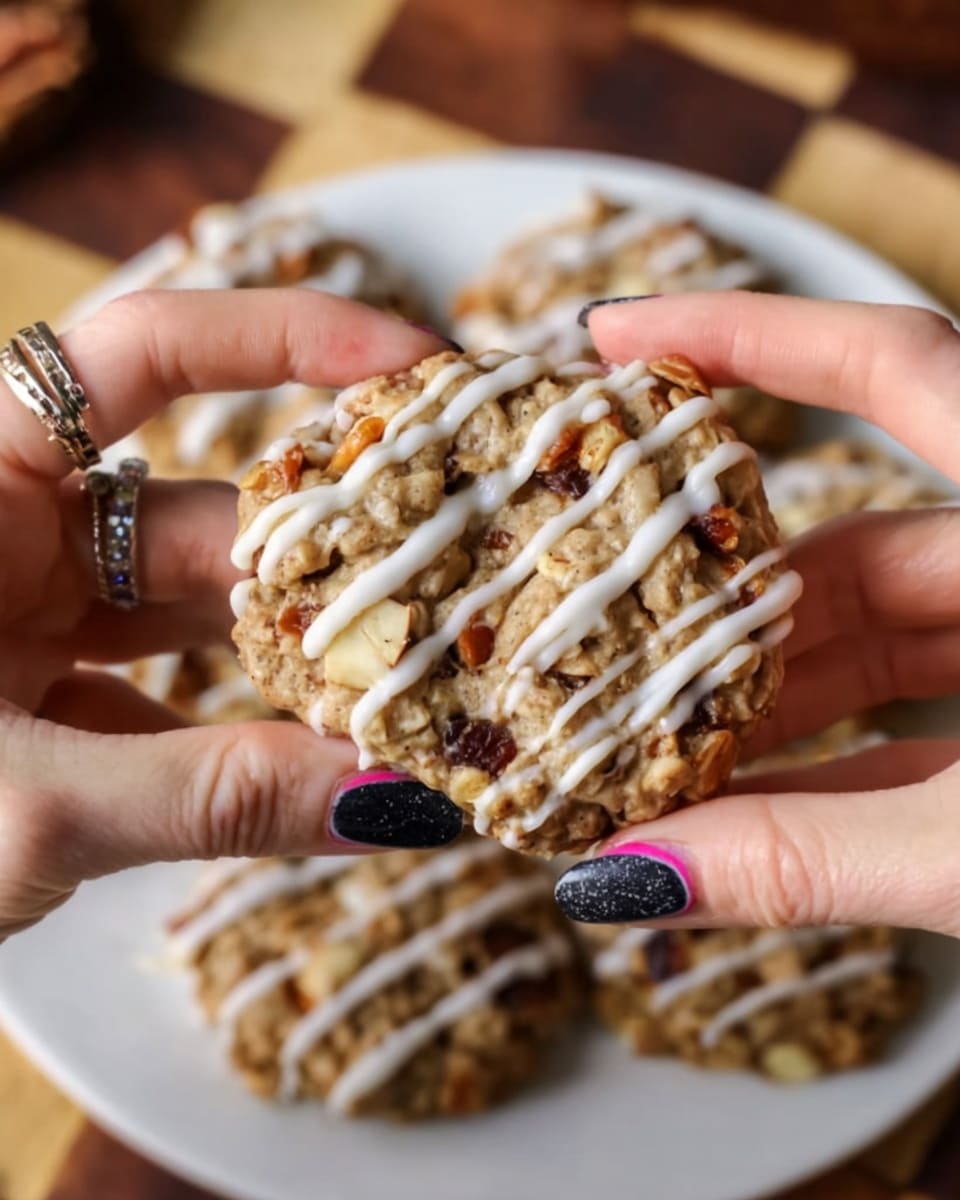 Two woman's hands with long black and pink nails hold a round oatmeal cookie with visible pieces of nuts and dried fruit, drizzled with white icing in thin stripes. Below the hands, more cookies rest on a white plate. The background is a white marbled surface with a brown checkered pattern blurred in the distance. The cookie texture looks rough and chunky with a rustic homemade feel. photo taken with an iphone --ar 4:5 --v 7