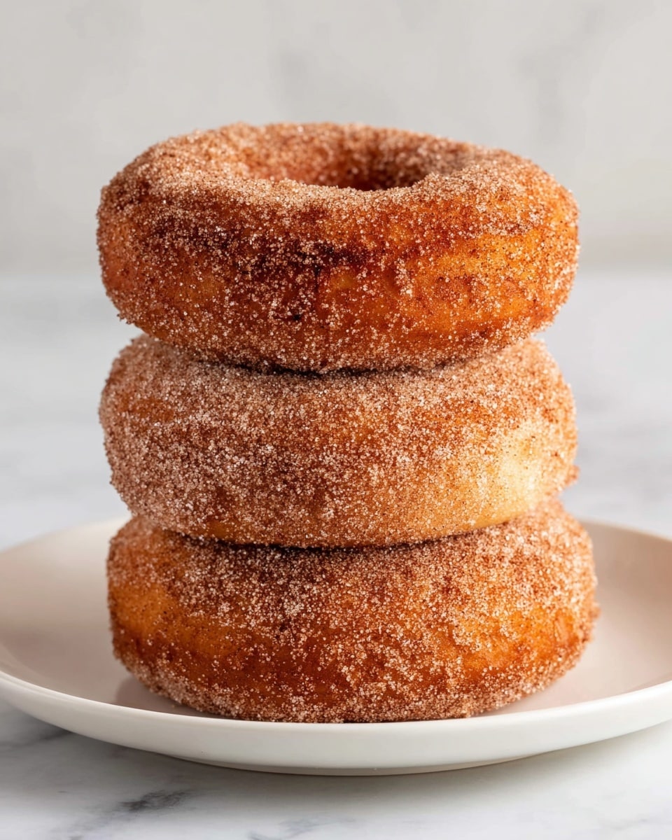 The image shows a stack of three round fried doughnuts placed one on top of the other on a white plate. Each doughnut has a golden-brown color with a rough texture covered by a layer of fine cinnamon sugar, giving it a slightly grainy look. The doughnuts appear thick and soft, with the cinnamon sugar coating evenly spread all over their surface. The background and surface are white marbled texture, making the brown doughnuts stand out clearly. Photo taken with an iphone --ar 4:5 --v 7