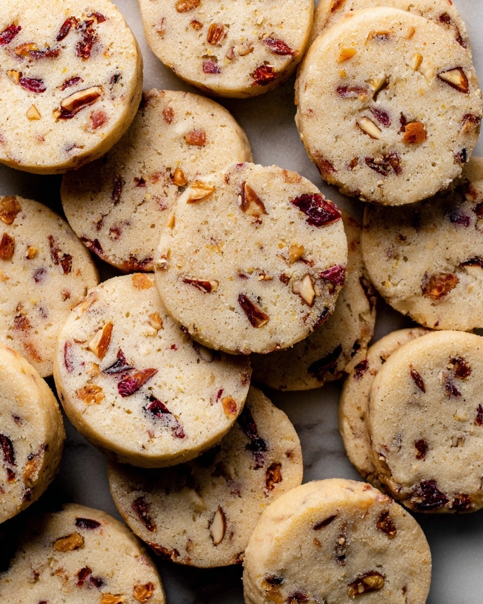 The image shows many round cookies with a pale golden color, scattered close together on a white marbled surface. Each cookie has visible bits of red dried fruit and light brown nut pieces mixed throughout, giving a textured look. The edges of the cookies are slightly darker, showing they are baked. The cookie dough looks soft but firm, and the mixture of fruit and nuts is evenly spread inside each cookie. The overall appearance is warm and inviting, with the cookies overlapping in a casual pile. Photo taken with an iphone --ar 4:5 --v 7