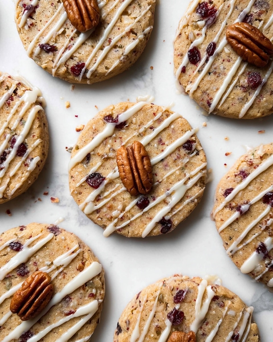 The image shows round cookies placed on a white marbled surface. Each cookie has a golden-brown color with visible small pieces of dried cranberries and white chocolate chips inside. White icing is drizzled unevenly over the top of each cookie, creating a glossy, dripping effect that spreads slightly onto the surface around them. The cookies have a soft, slightly textured appearance with a thin layer of icing adding a shiny contrast on top. photo taken with an iphone --ar 4:5 --v 7