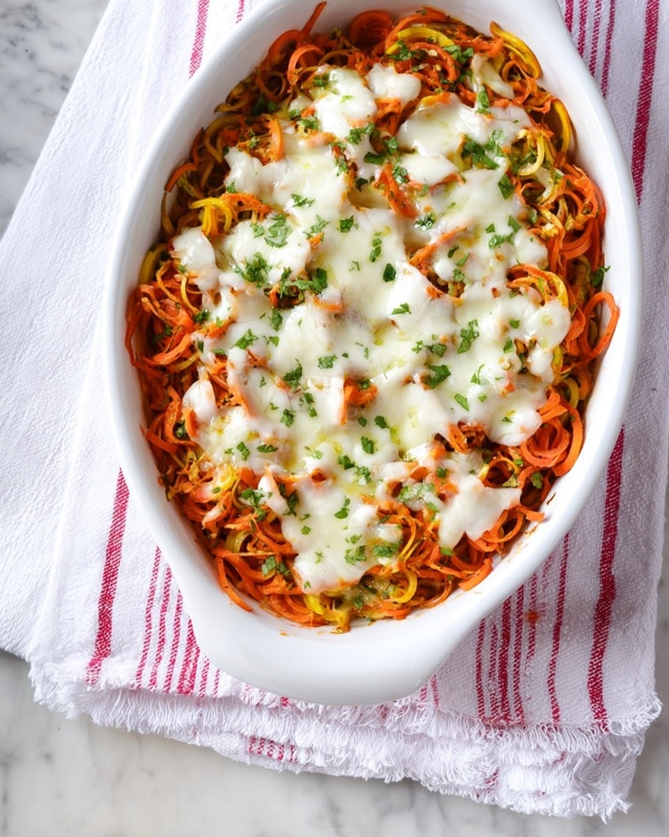 A white ceramic oval dish filled with a baked layered casserole. The bottom layer shows thin, spiral-shaped orange and red veggies, likely carrots and bell peppers, mixed with herbs. The top layer is melted white cheese spread unevenly, soft and shiny, covering the veggie base but still letting some vegetable colors peek through. The dish rests on a white marbled surface with part of a woven cloth visible underneath. Photo taken with an iphone --ar 4:5 --v 7