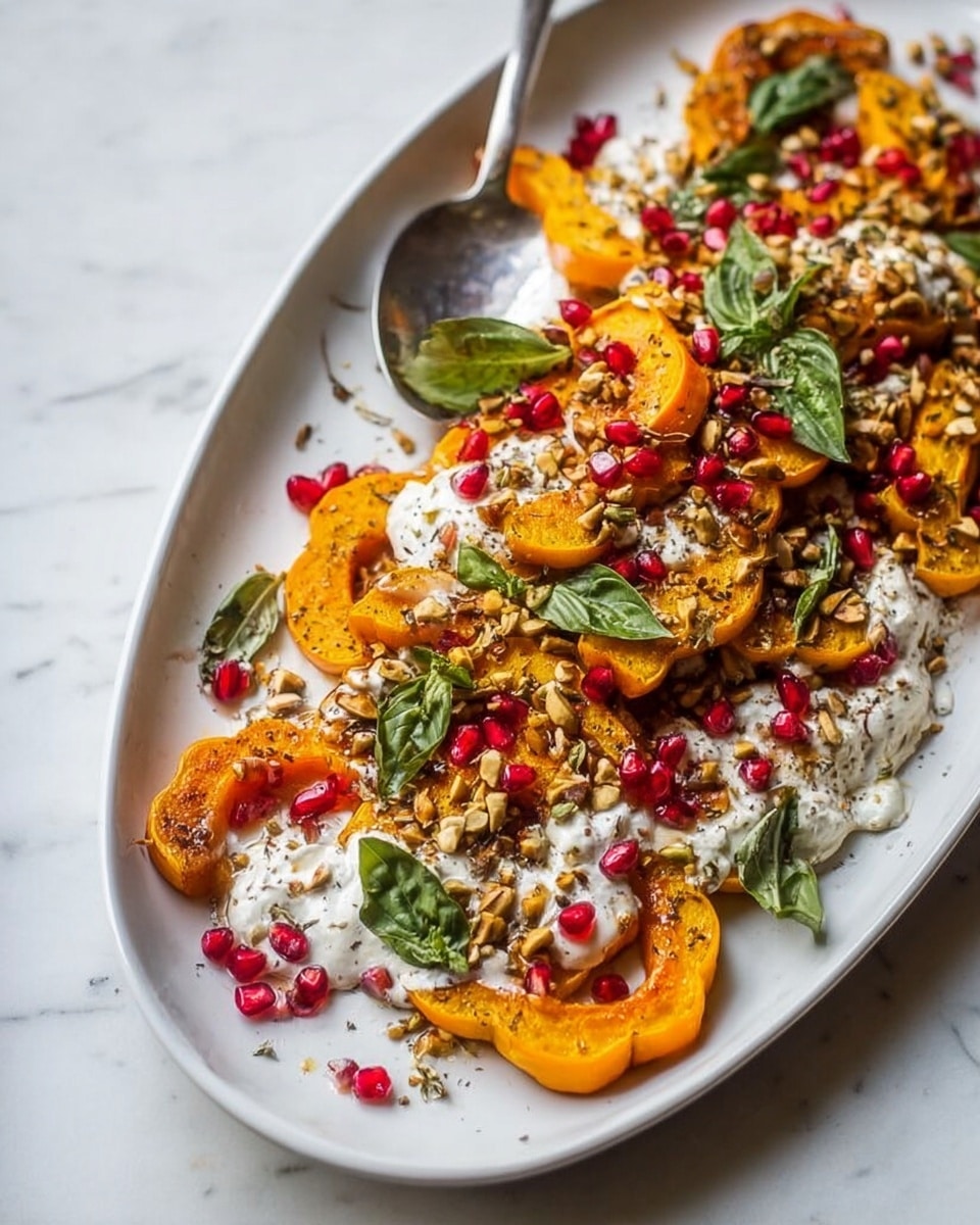 A white oval plate holds a dish with three main layers: the bottom layer is rings of roasted yellow-orange squash with slightly browned edges, the middle layer consists of dollops of white creamy cheese spread unevenly among the squash, and the top layer is scattered bright red pomegranate seeds and green basil leaves. Small pieces of chopped nuts are sprinkled throughout, adding texture and light brown color. A large silver spoon rests on the left edge of the plate. Near the plate, on a white marbled surface, there is a small white bowl filled with pomegranate seeds and some scattered nuts and seeds around it. photo taken with an iphone --ar 4:5 --v 7