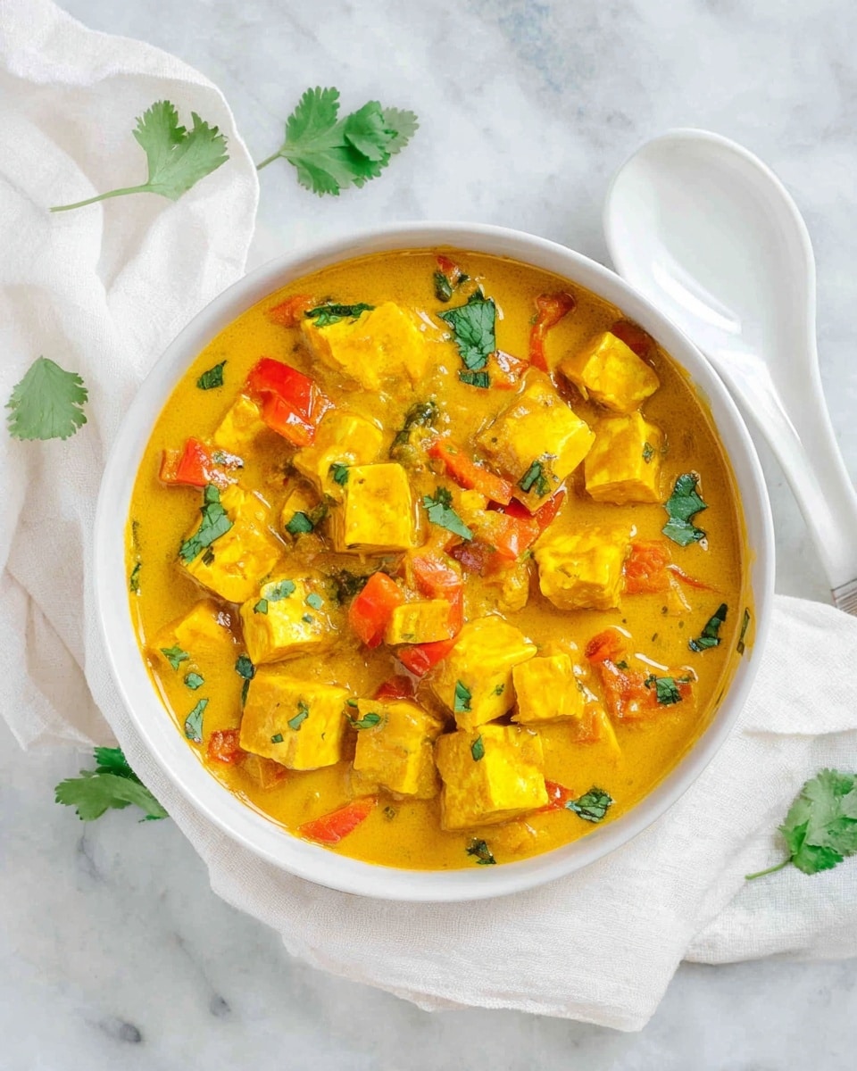 The dish shows a bowl filled with a yellow curry soup. Inside the soup, there are large cubes of tofu, pieces of orange carrot sliced into round shapes, white cauliflower florets, and chunks of red bell pepper. The vegetables and tofu are coated with the smooth yellow curry sauce. Small bits of green herbs are scattered on top for decoration. The bowl is white with a dark rim and sits on a white marbled surface. Photo taken with an iphone --ar 4:5 --v 7