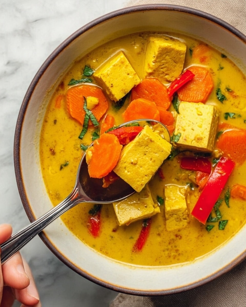A close-up view of a bowl filled with yellow curry soup containing three thick light yellow tofu cubes, many small orange carrot slices, and bright red bell pepper strips. The curry broth is smooth and creamy with visible small chopped green herbs scattered on top. A silver spoon is placed inside the bowl, held by a woman's hand, lifting a tofu cube with some carrots and peppers. The bowl is white with a thin darker rim, sitting on a white marbled surface. photo taken with an iphone --ar 4:5 --v 7