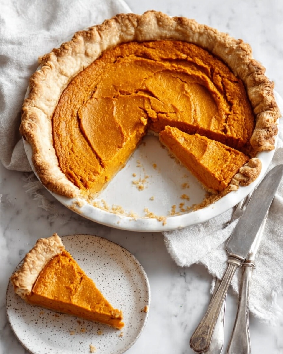 The image shows a round pumpkin pie with a thick, golden-brown crust that is slightly raised and uneven around the edges. The pie filling is smooth, bright orange, and evenly spread inside the crust with light swirled marks on top, giving it a creamy texture look. The pie sits on a white marbled surface with soft light creating gentle shadows around the edges. Part of a white plate with small brown details and a silver spoon are visible on the lower right corner, slightly out of focus. Photo taken with an iphone --ar 4:5 --v 7