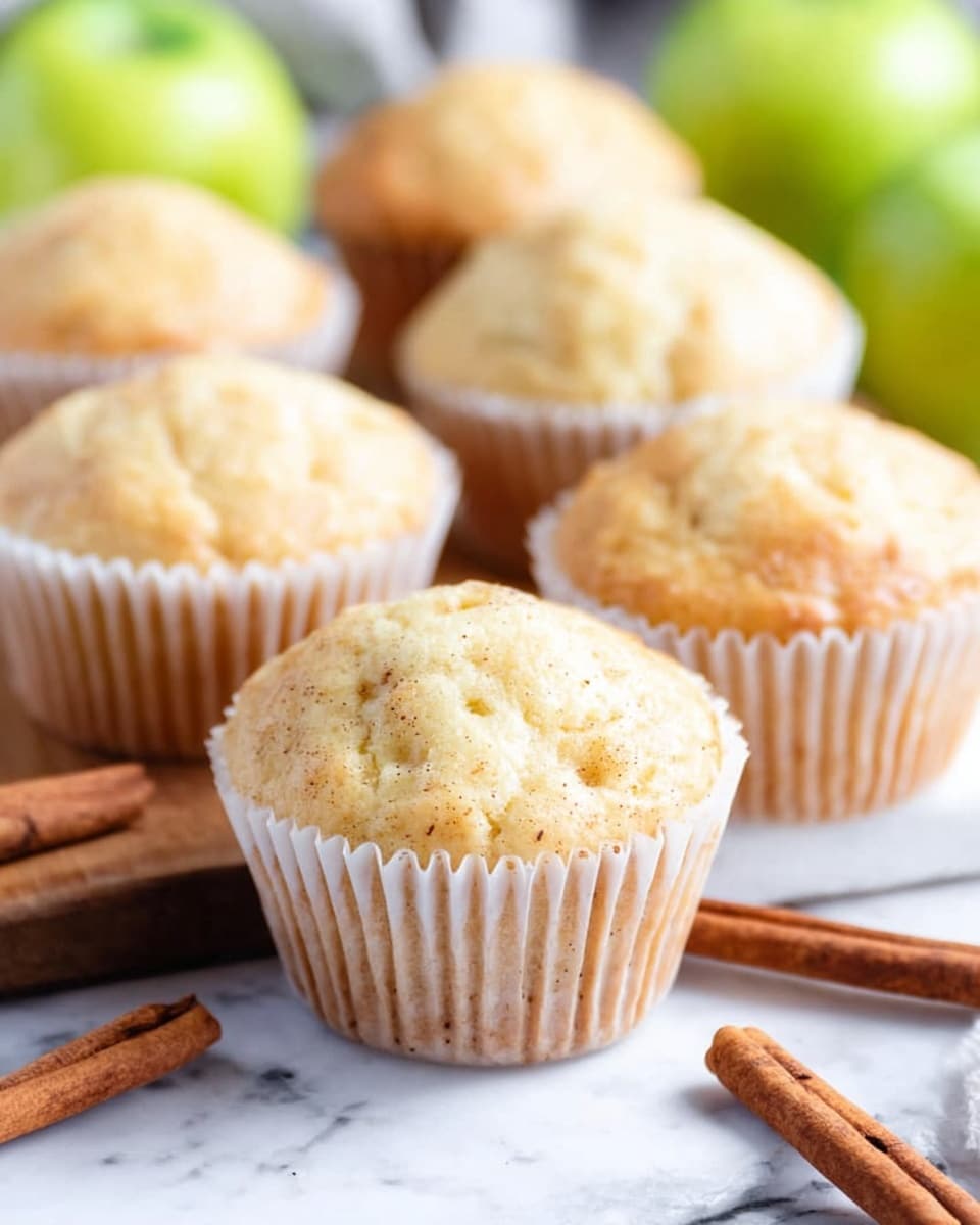 The image shows 11 light yellow muffins with a soft texture and a slightly rounded top, each in white paper cups. Seven muffins are arranged on a wooden board with a smooth brown grain, while four muffins are placed directly on a white marbled surface. Three cinnamon sticks with a rich brown color lie around the muffins on the marbled surface. In the background, there are three green apples with a shiny skin, sitting on the same white marbled surface. The whole scene is bright and clean, with soft natural light highlighting the muffins and their surroundings. Photo taken with an iphone --ar 4:5 --v 7