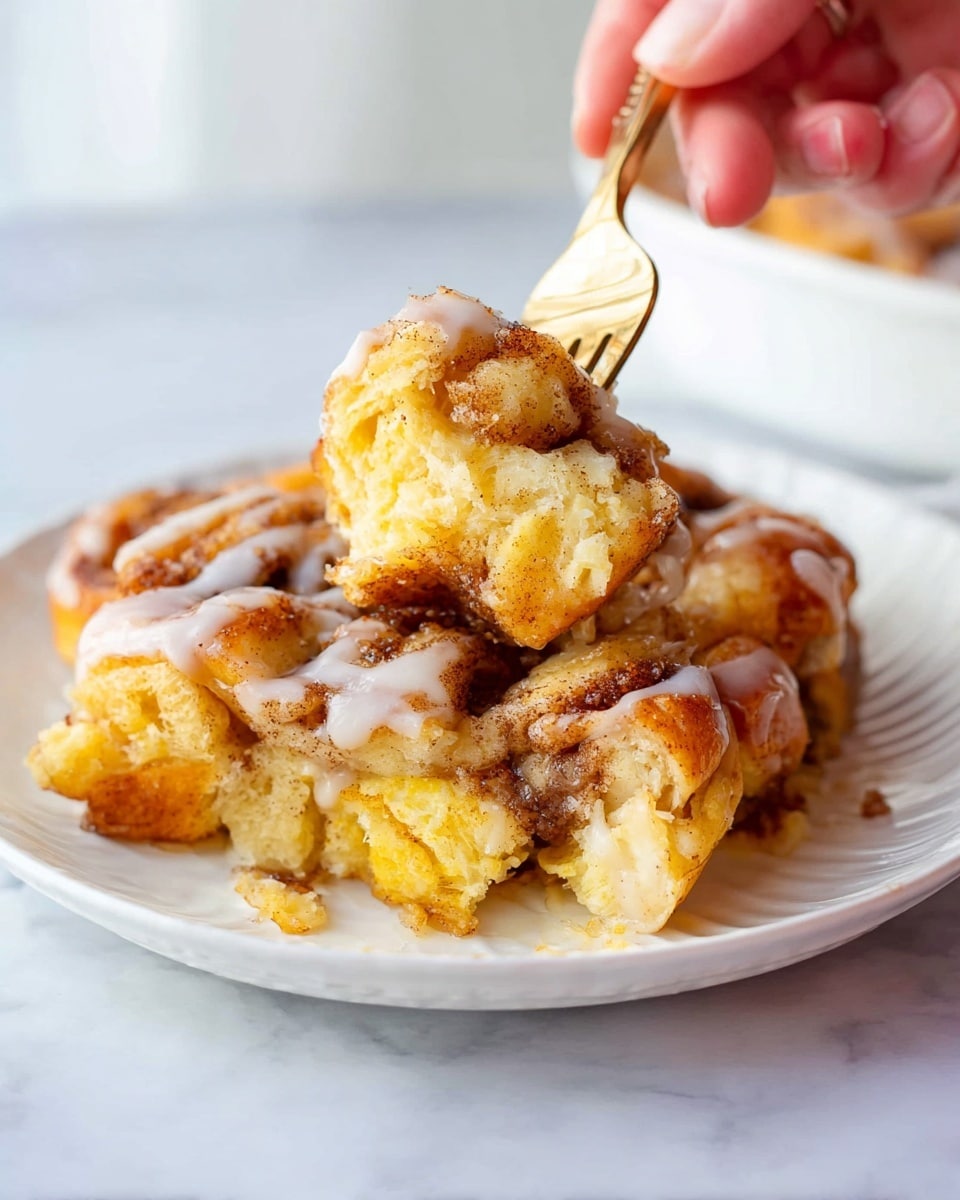 A white plate sits on a white marbled surface holding a warm cinnamon pull-apart bread. The dish has multiple chunky layers of soft, yellowish dough mixed with darker, cinnamon-spiced swirls and small pockets of melted butter. A light drizzle of white icing coat parts of the top, adding a glossy texture. A woman's hand holds a fork, lifting a portion from the middle of the bread, showing the fluffy inside and baked golden-brown edges with melted cinnamon filling. photo taken with an iphone --ar 4:5 --v 7