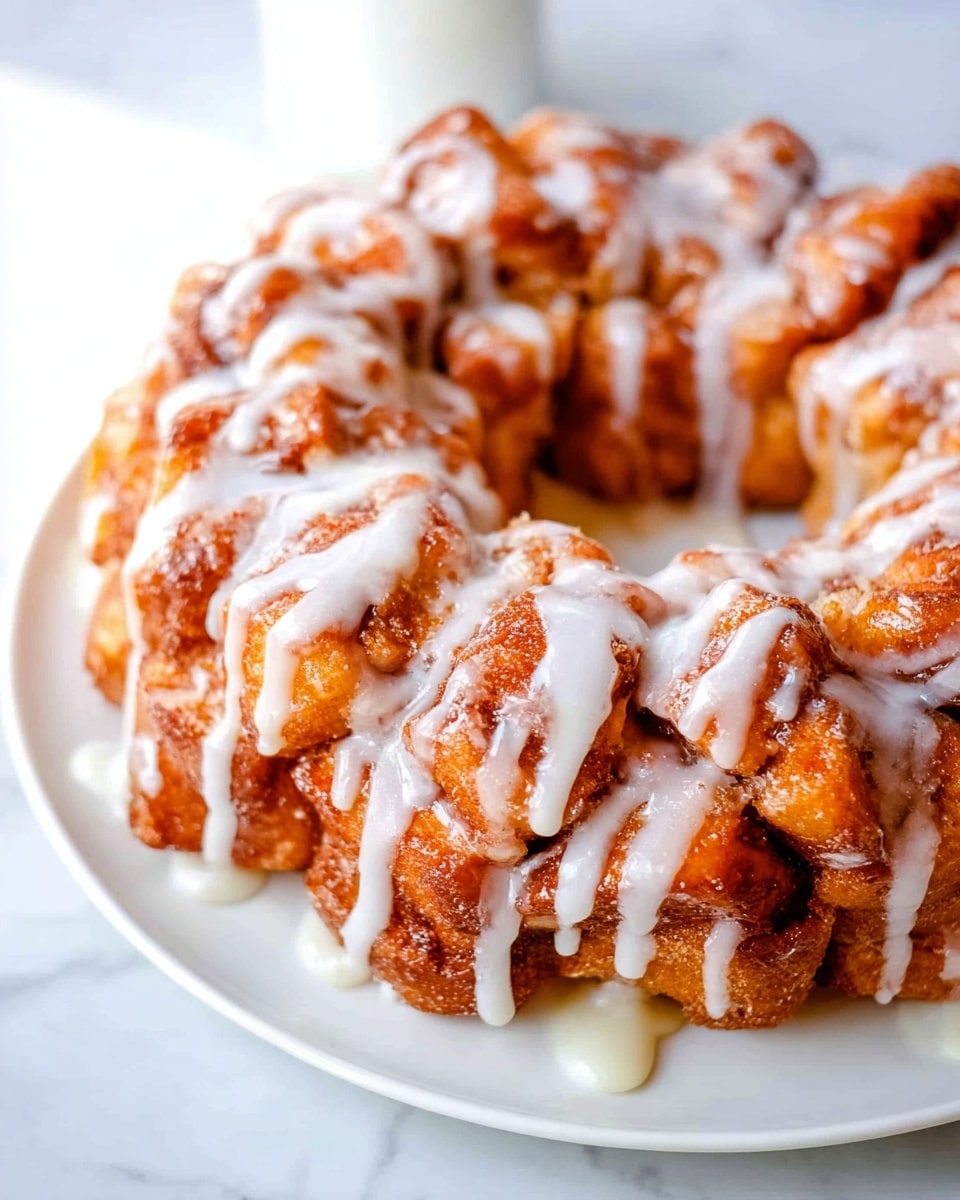 The image shows a monkey bread ring arranged in a circle on a white plate, sitting on a white marbled surface. The bread is made of small, irregular thick pieces stacked closely together, with a golden brown crust that looks soft and sticky. A white icing glaze is drizzled generously over the entire ring, creating thick and thin lines that drip down the sides, pooling slightly on the plate. The texture of the bread looks fluffy and moist, with the glaze adding shiny highlights throughout. Photo taken with an iphone --ar 4:5 --v 7
