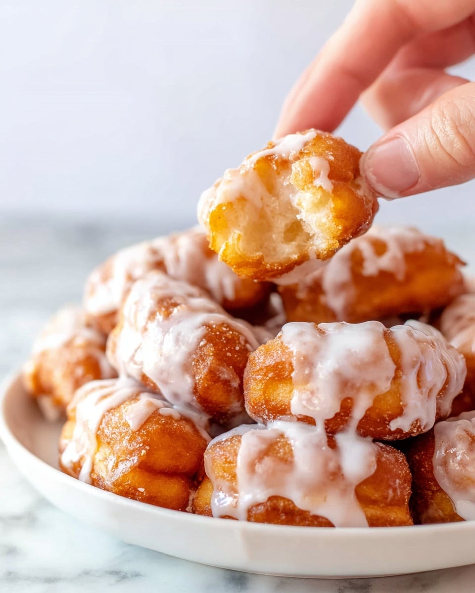 A stack of golden brown cinnamon rolls is piled high on a small white plate, each roll covered in creamy white icing that drips slightly down the sides, giving a shiny, smooth texture. The rolls have a light, fluffy inside with a slightly crispy outside, showing swirls of cinnamon filling. On top, a silver fork held by a woman's hand is pulling apart one cinnamon roll, revealing its soft, warm inside. In the background, there is a blurred pile of more cinnamon rolls on a white plate, all set on a white marbled surface. Photo taken with an iphone --ar 4:5 --v 7