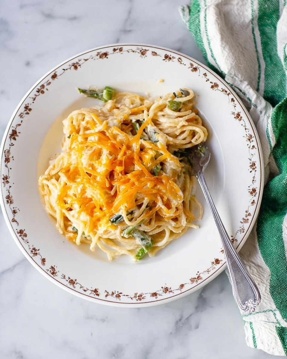 A white plate with a simple floral border holds a serving of spaghetti layered with melted cheddar cheese on top, showing a mix of white creamy sauce and light golden-orange cheese strands. There are bits of green vegetable pieces scattered among the spaghetti. A silver fork rests on the edge of the plate, and the plate sits on a white marbled surface with a green and white striped cloth nearby. photo taken with an iphone --ar 4:5 --v 7